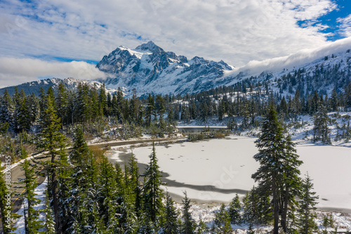 Picture Lake and Mt. Shuksan in a Winter Wonderland. One of the most photographed mountains in the world after the first snowfall of the winter season in the Pacific Northwest.