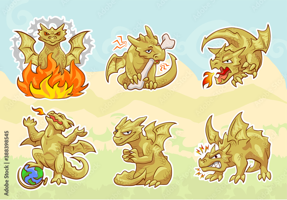 Obraz premium cute golden dragon stickers set, emotions and activities