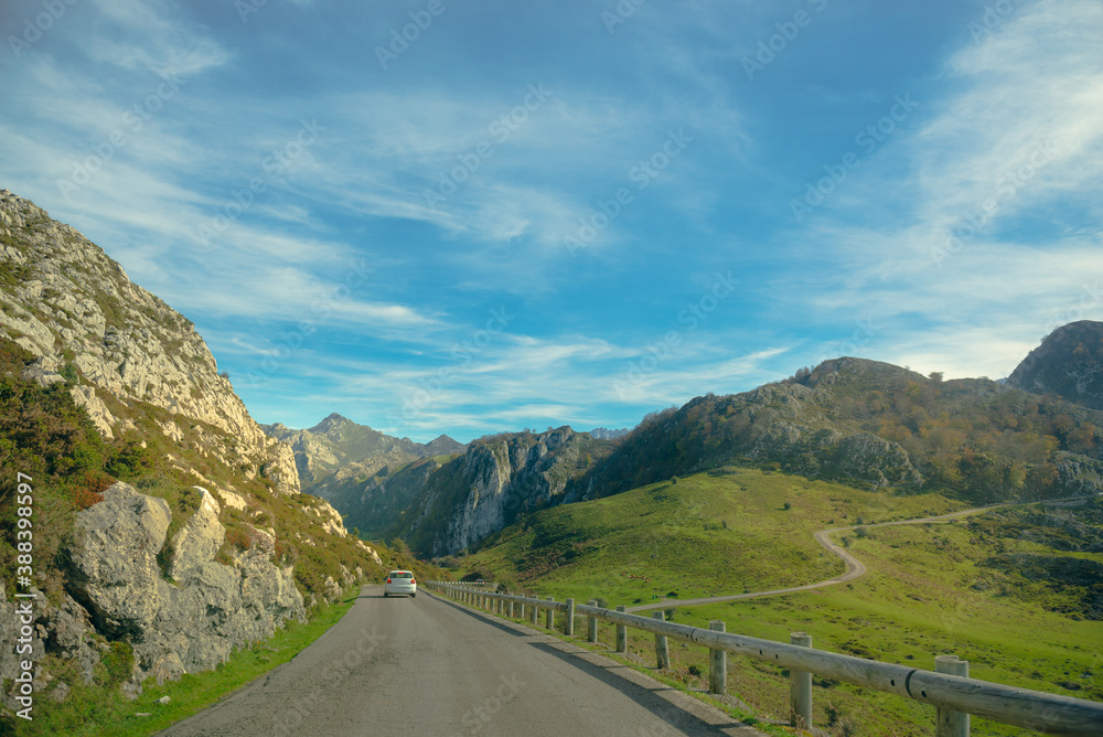 Route in Covadonga, panoramic view of the peaks of Europe in Covadonga, Spain
