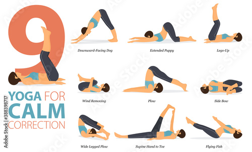 9 Yoga poses or asana posture for workout in Calm Correction concept. Women exercising for body stretching. Fitness infographic. Flat cartoon vector.