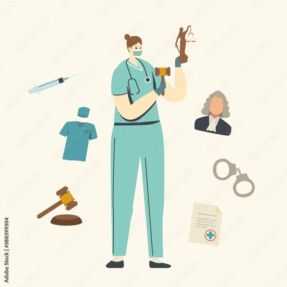 Nurse or Doctor Female Character in Medical Mask and Robe Holding Gavel and Themis Statue . Medical Error, Misdiagnosis Nurse or Doctor Female Character in Medical Mask and Robe Holding Gavel and Themis Statue . Medical Error, Misdiagnosis