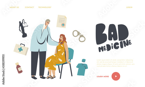 Misdiagnosis, Bad Medicine, Medical Error and Malpractice Landing Page Template. . Doctor Character with Stethoscope