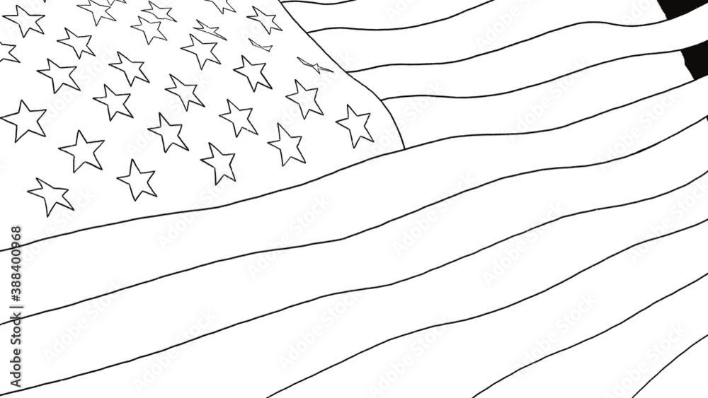 2D Drawn animation American flag flying in the wind. Flag of the USA