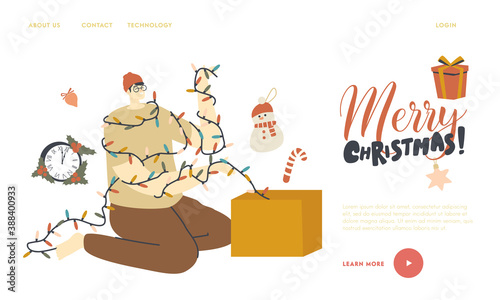 Man Pull Christmas Decor Out of Box Landing Page Template. Male Character Prepare for New Year and Xmas Holidays