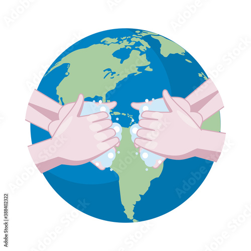 hands washing cleaning with foam and earth planet