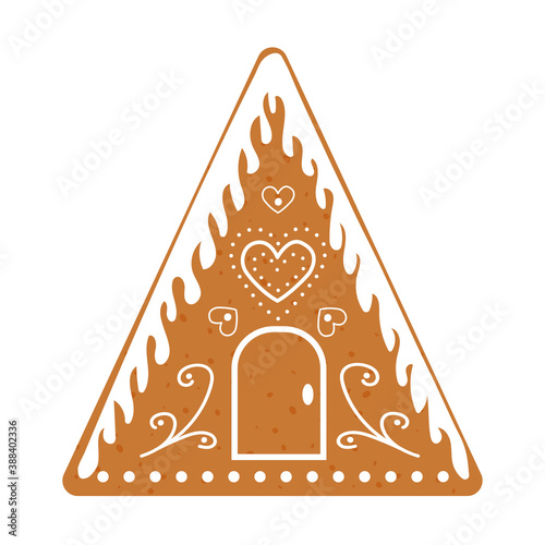 Glazed gingerbread house, traditional Christmas confectionery. Vector flat illustration.