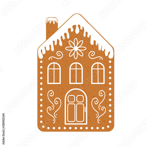 Gingerbread house with chimney, Christmas cookie, isolated on white background. Vector flat illustration.