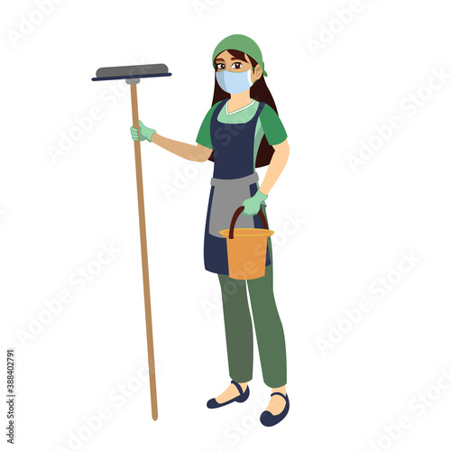 Isolated cleaning staff wearing a face mask - Vector illustration