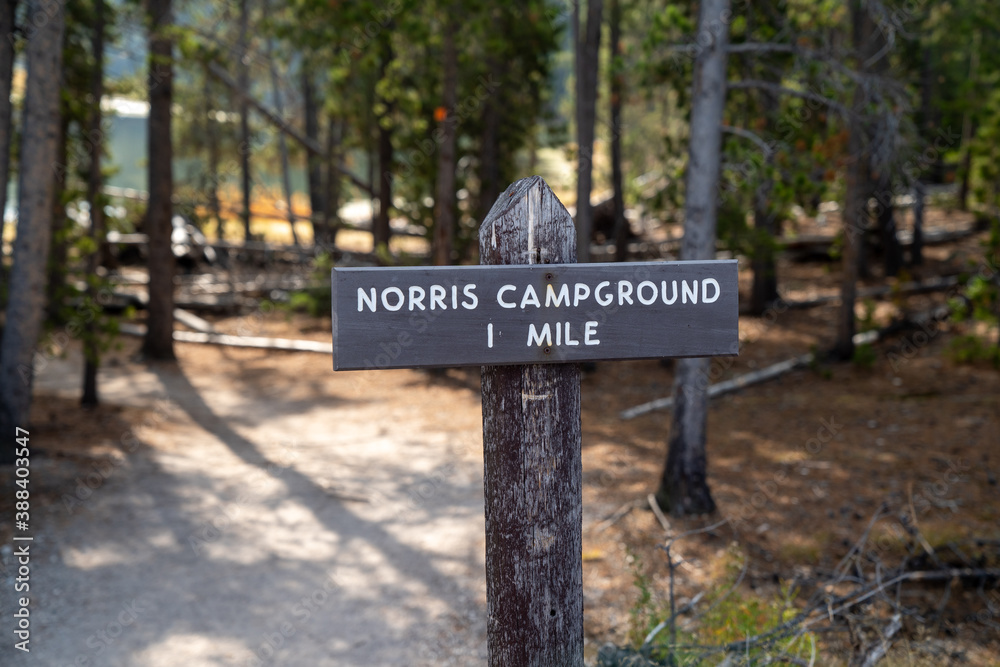 Sign for the Norris Campground, one mile, in Yellowstone National Park
