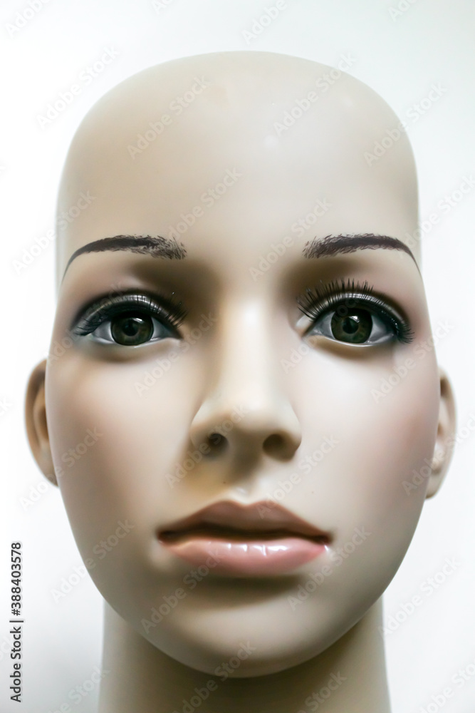 Bald mannequin's head on white background.
