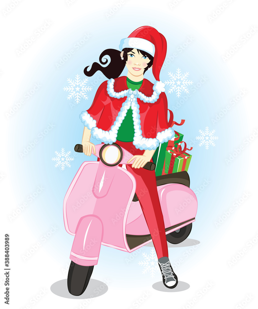 Vector cartoon girl riding scooter. Christmas Delivery Package service poster background.