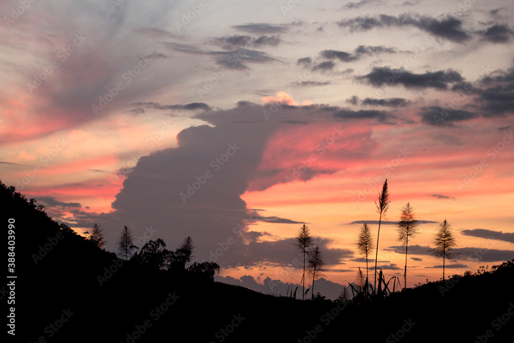 Paisaje natural con cielo anaranjado al atardecer.