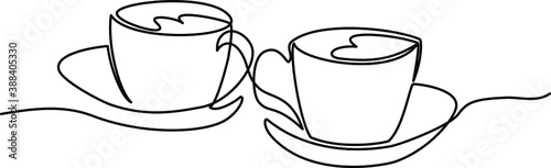 Drawing a continuous line. Two cups of coffee with foam heart. Hand drawn vector illustration. 