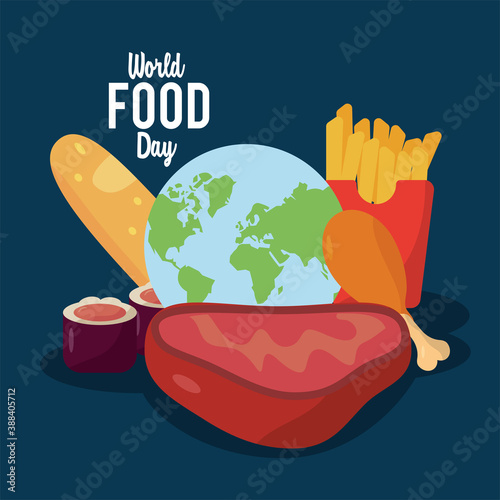 world food day lettering poster with planet earth and delicious food