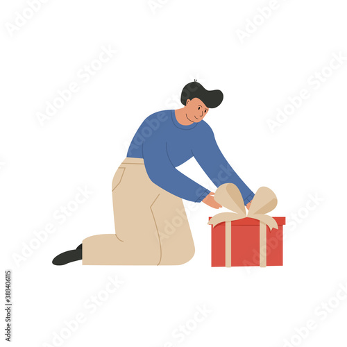 Happy man isolate on white preparing for holiday celebration. A guy putting gifts under Christmas tree. Winter holiday celebration. Present giving, Xmas tradition. Vector illustration in flat style.