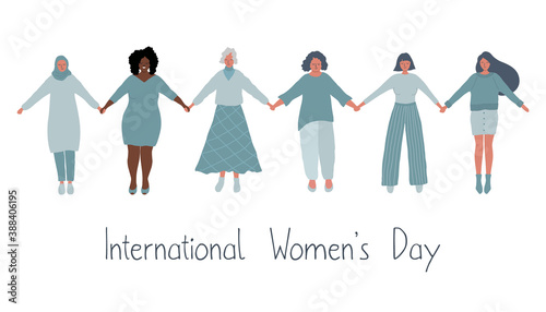 Diverse group of women are holding hands. International Women's Day concept. Women's community. Women silhouettes of different races, different ages. Vector illustration