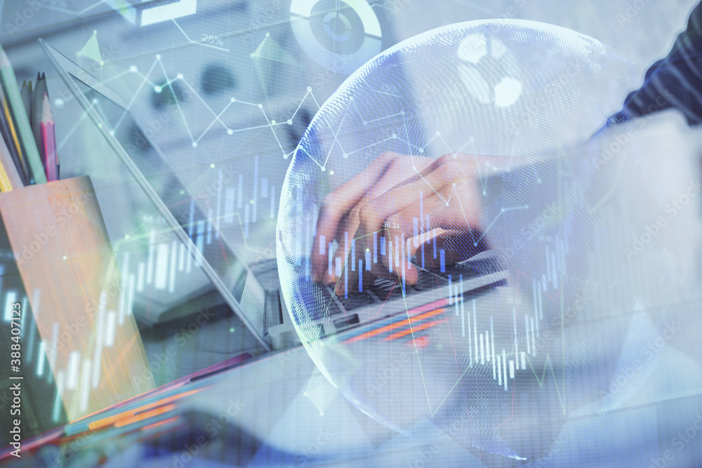 Double exposure of woman hands typing on computer and forex chart hologram drawing. Stock market invest concept. Double exposure of woman hands typing on computer and forex chart hologram drawing. Stock market invest concept.