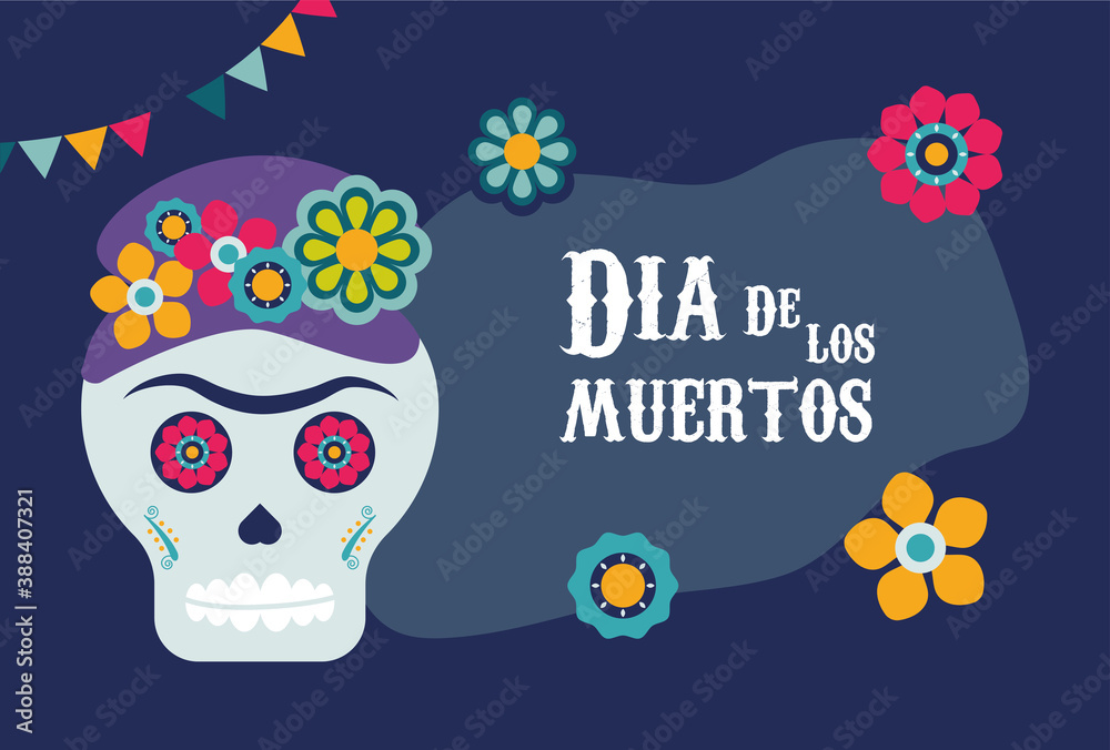 dia de los muertos poster with katrina skull and floral decoration