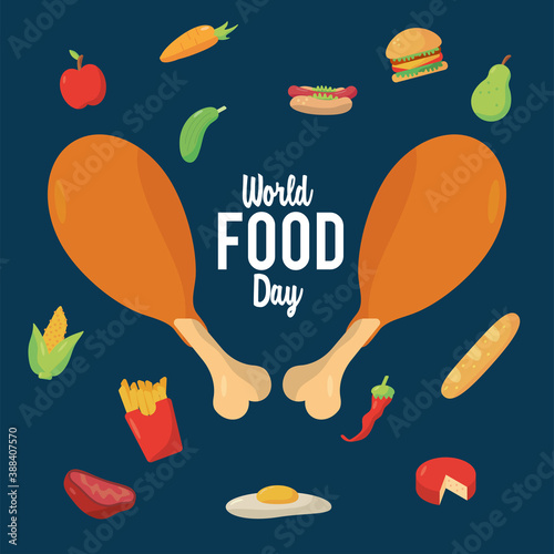 world food day lettering poster with chicken thighs and food