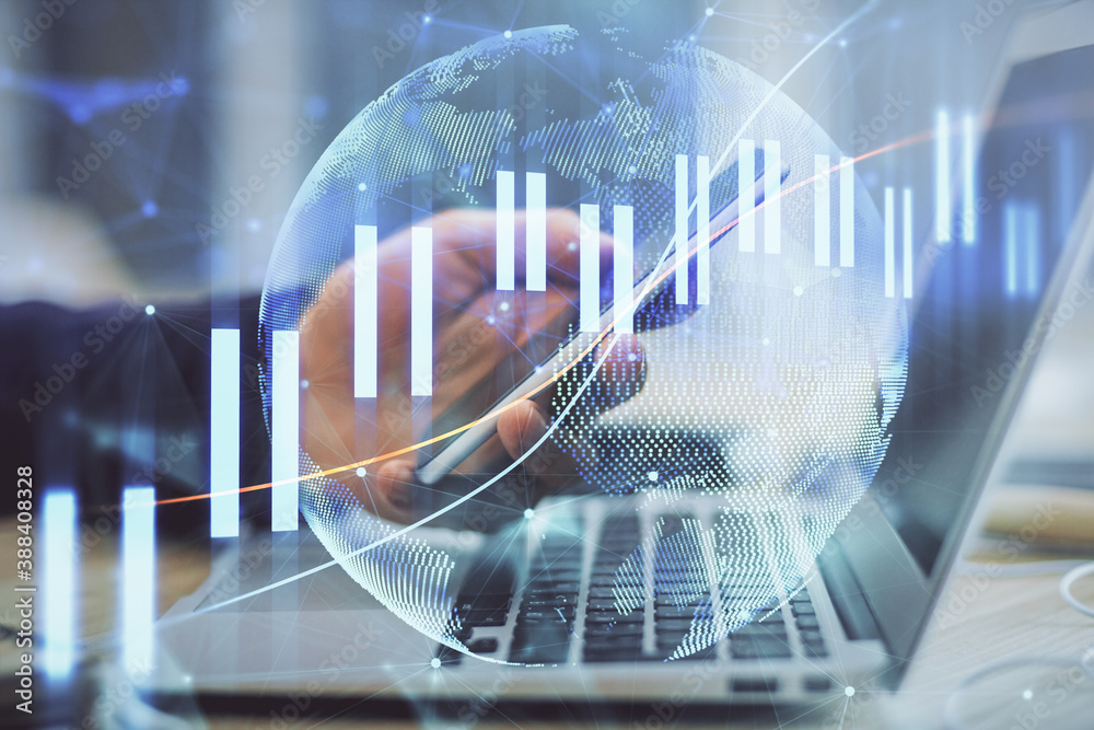 Double exposure of man's hands holding and using a phone and financial graph drawing. Analysis concept. Double exposure of man's hands holding and using a phone and financial graph drawing. Analysis concept.
