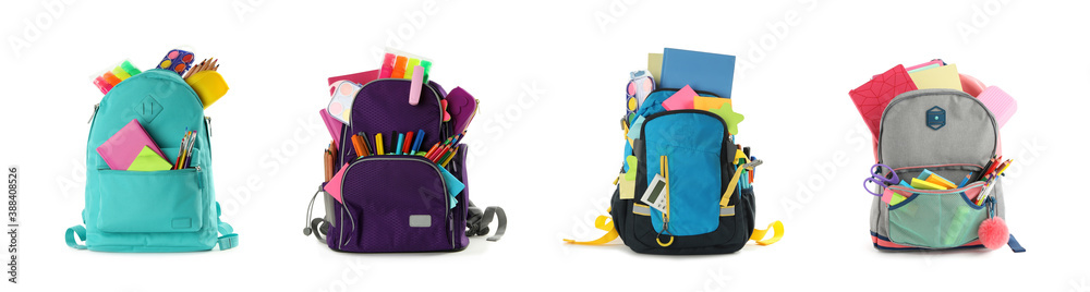 Set of backpacks with bright school stationery on white background, banner design - obrazy, fototapety, plakaty 
