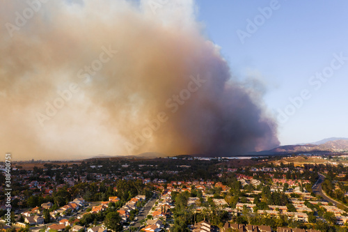 Aerial View of Orange County California Wildfire Smoke Covering Middleclass Neighborhoods During the Silverado Fire_03
