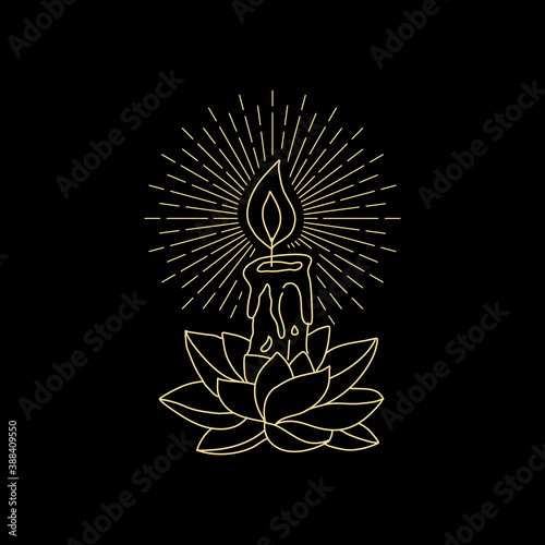 Candle shines with lotus flowers in the dark, logo or vector illustrations, symbols of kind hope, peace, tender hearts, love and charity emblems.