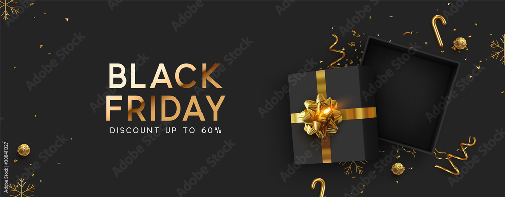 Black Friday Super Sale. Realistic black gifts boxes. Empty open gift box top view with gold bow. Dark background golden text lettering. Horizontal banner, poster, header website. vector illustration - obrazy, fototapety, plakaty 