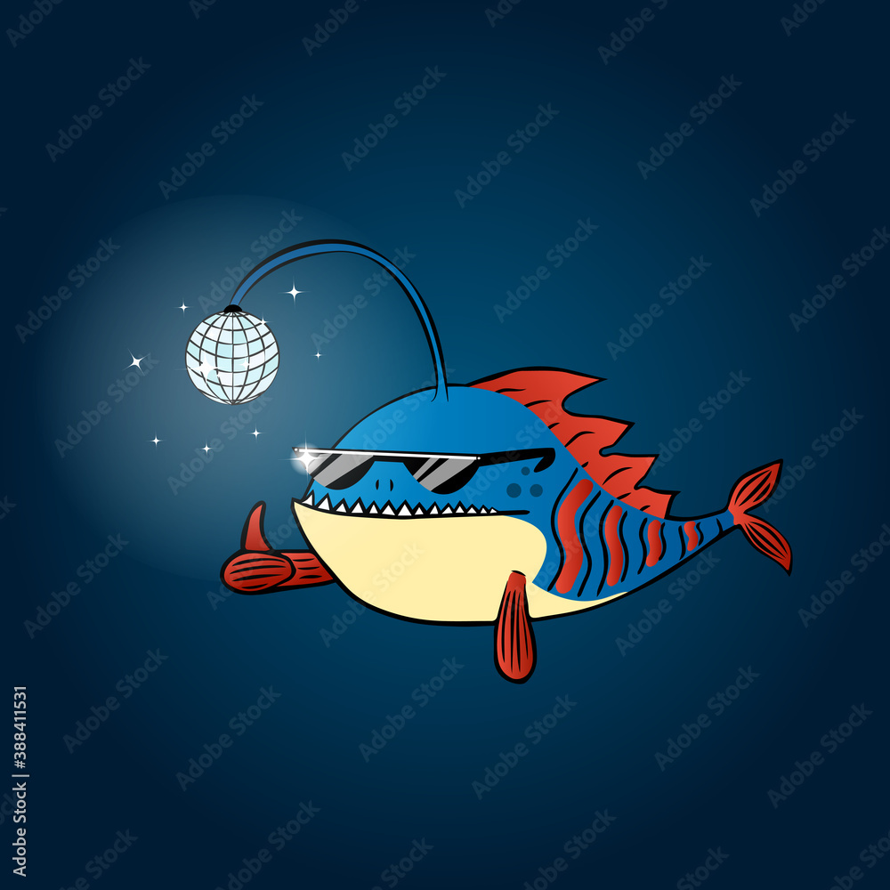 Funny cartoon anglerfish.Angler fish in sunglasses.Vector illustration  Isolated.Sea fish.Anglerfish on dark background. Stock Vector
