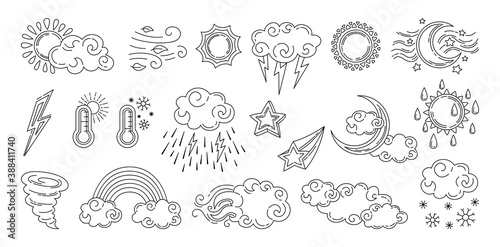 Weather doodle set. Black line hand drawn sun and clouds  rain or snow  lightning  moon and star. Symbols of forecast weather. Vector outline collection. Meteorological infographics linear signs