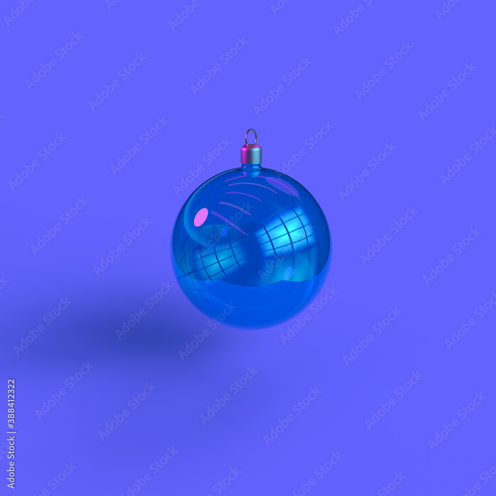 Fototapeta premium Blue glass Christmas ball with neon pink light floating on purple background. Holidays concept and minimalistic style. Seasonal decor Merry Christmas and Happy New Year illustration 3D rendering