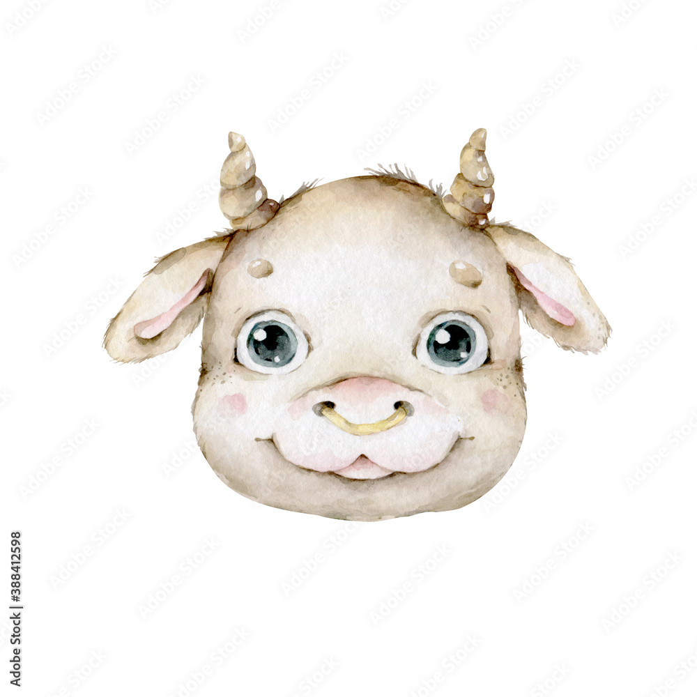 Naklejka premium Merry Christmas greeting card with cute Bull. 2021 year of the ox. Cute bull animal holiday cartoon character hand drawn watercolor set