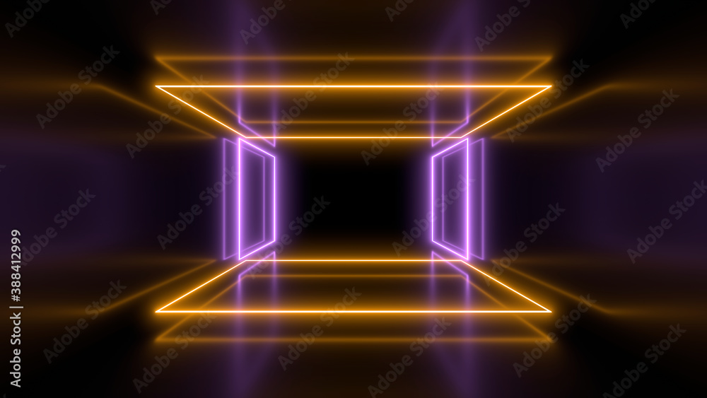 Sci Fy neon lamps in a dark tunnel. Reflections on the floor and walls. 3d rendering image. Sci Fy neon lamps in a dark tunnel. Reflections on the floor and walls. 3d rendering image.