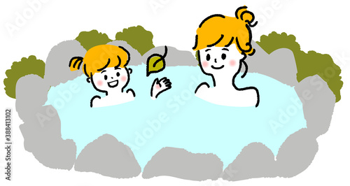 母と子供が温泉に入るイラスト