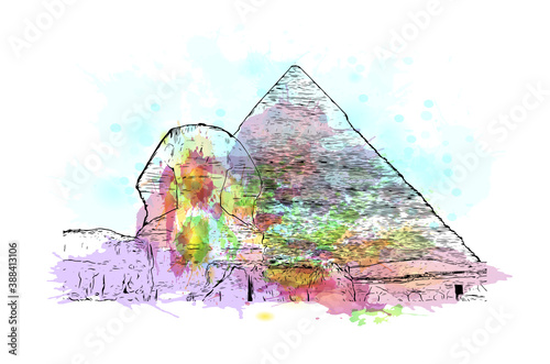 Building view with landmark of Cairo, Egypt’s sprawling capital, is set on the Nile River. Watercolor splash with hand drawn sketch illustration in vector.