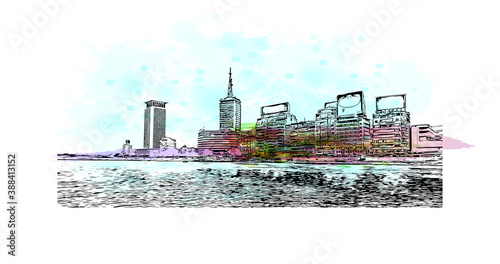 Building view with landmark of Cairo, Egypt’s sprawling capital, is set on the Nile River. Watercolor splash with hand drawn sketch illustration in vector.