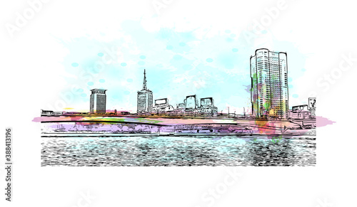 Building view with landmark of Cairo, Egypt’s sprawling capital, is set on the Nile River. Watercolor splash with hand drawn sketch illustration in vector.