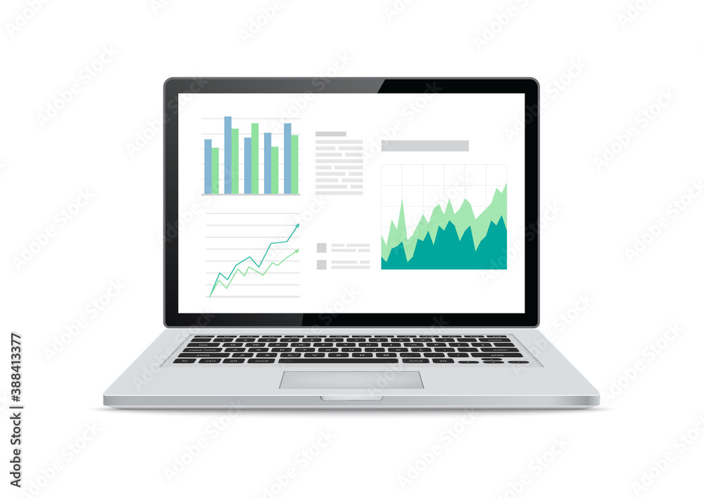 Laptop screens with financial charts and graphs on white background. Vector Illustration. Laptop screens with financial charts and graphs on white background. Vector Illustration.