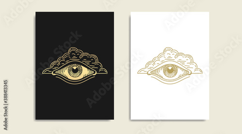 One eye with cloud, the all-seeing eye, symbol of the Masons, cloud and eye gold logo, spiritual guidance tarot reader design. engraving, decorative illustration tattoo