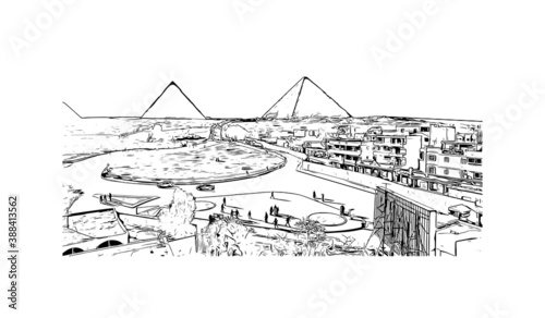 Building view with landmark of Cairo, Egypt’s sprawling capital, is set on the Nile River. Hand drawn sketch illustration in vector.