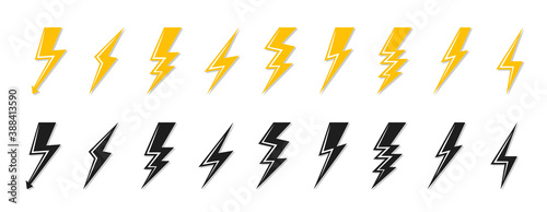 Black and yellow lightning bolt icon set. Electrical strike sign or energy symbol and thunder electricity. Template logo voltage power fast speed. Flash emblem shiny shock Isolated vector illustration