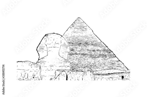 Building view with landmark of Cairo, Egypt’s sprawling capital, is set on the Nile River. Hand drawn sketch illustration in vector.