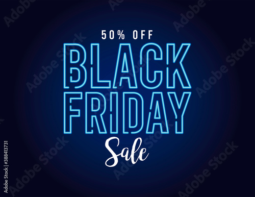 black friday sale banner with neon light lettering in blue background