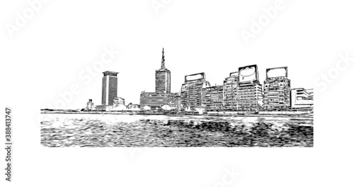 Building view with landmark of Cairo, Egypt’s sprawling capital, is set on the Nile River. Hand drawn sketch illustration in vector.