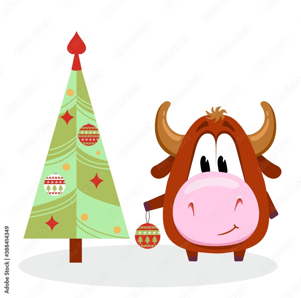 Naklejka premium The symbol of 2021 is cute cow or bull. Character for a children s book or postcard. A calf decorating a Christmas tree.