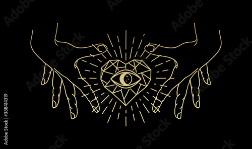 Eye of the stone heart with hand, Magic heart, hand and eye gold logo, spiritual guidance tarot reader design. decorative illustration tattoo