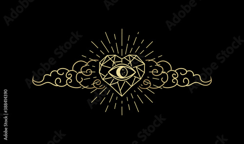 Eye of the stone heart with cloud, Magic heart, cloud and eye gold logo, spiritual guidance tarot reader design. decorative illustration tattoo