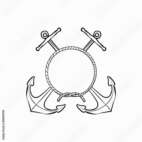 Circle rope frame with two strong anchor hand drawn decoration template