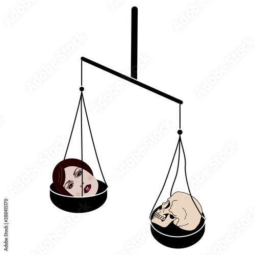 Balance scale with human skull and pretty female head. Juxtaposition of life and death. Creative philosophical concept.