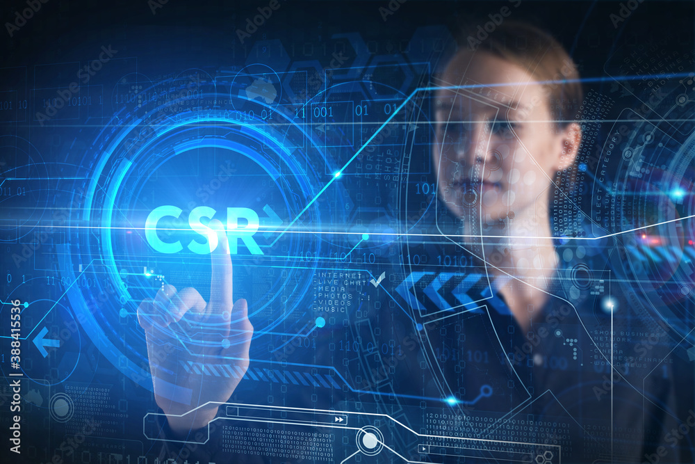 Business, technology, internet and network concept. Young businessman thinks over the steps for successful growth: CSR Business, technology, internet and network concept. Young businessman thinks over the steps for successful growth: CSR
